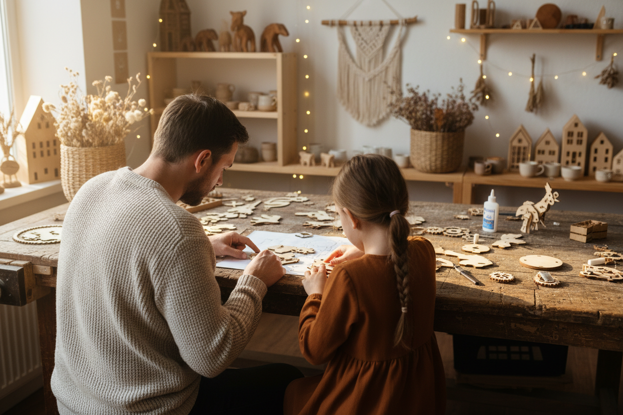 moze jak tylem , widok na plecy jak ja z corką skladamy jakies sklejkowe elementy , obok jakies dekoracje zwiazane z sklepem , cieple 